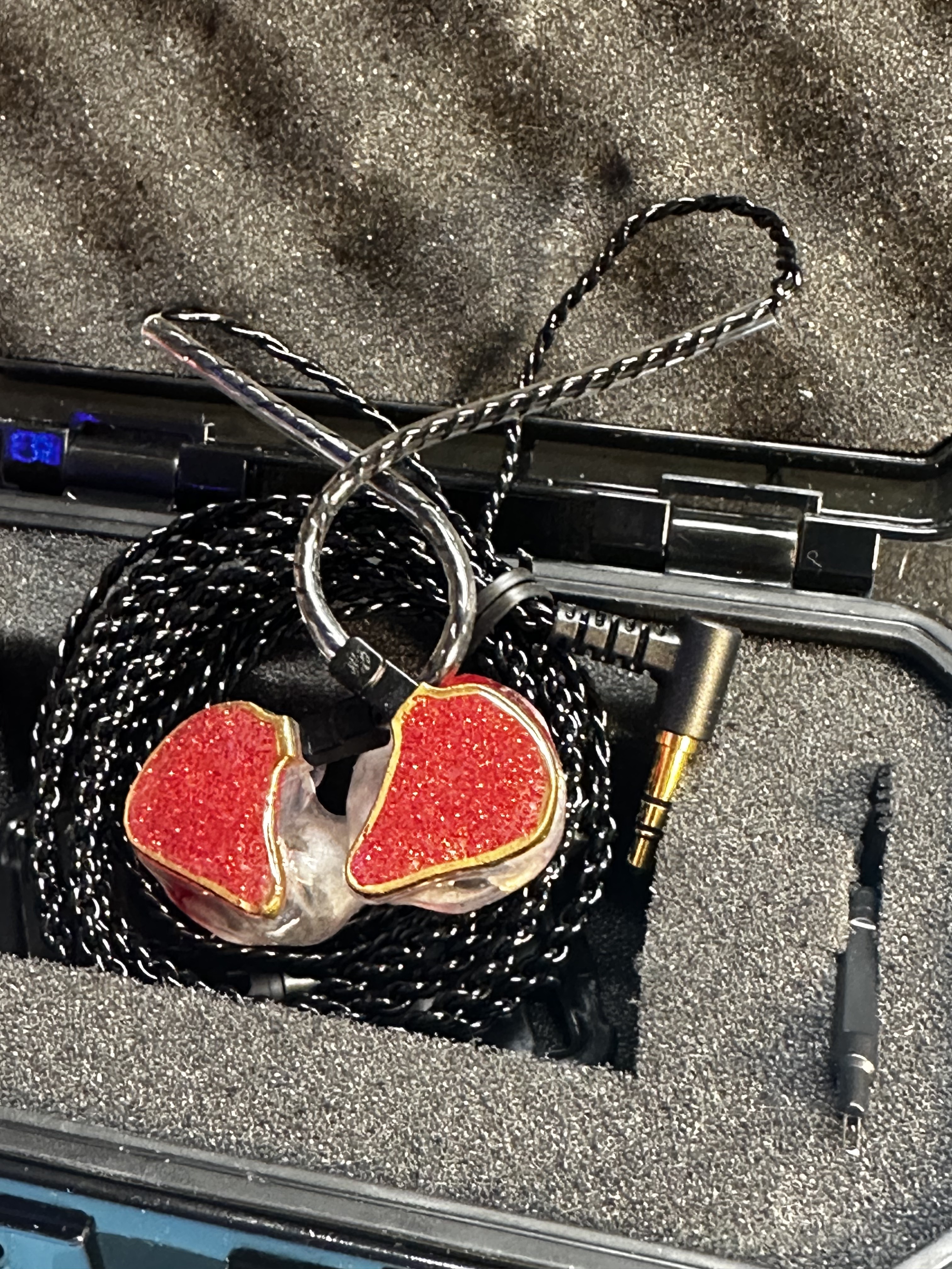 Red sparkle custom Vibe9 in-ear monitors